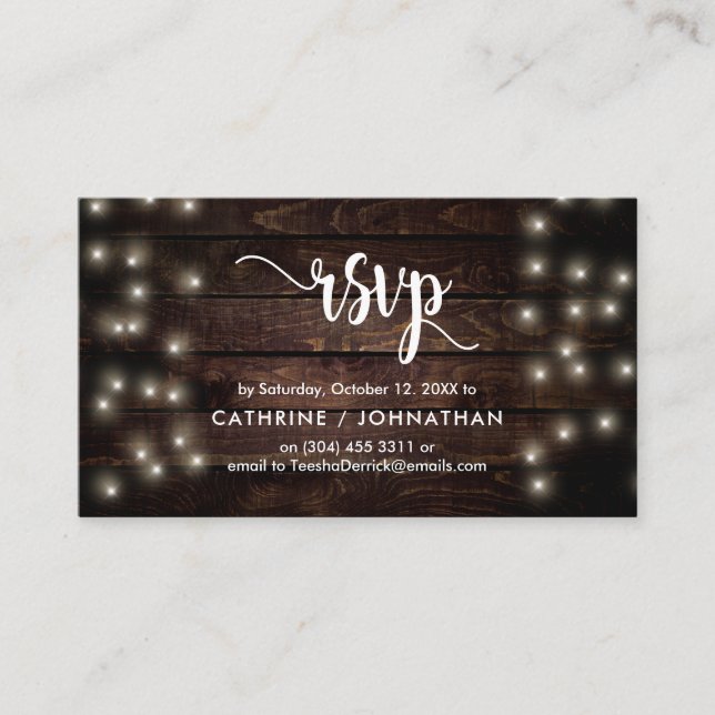 Rustic Farm Wood, String Lights, RSVP respond Enclosure Card (Front)