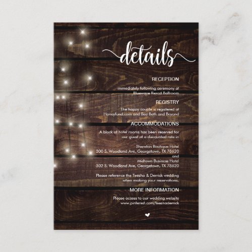 Rustic Farm Wood String Lights Wedding Details Enclosure Card
