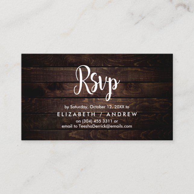 Rustic Farm Wood, White font, RSVP respond Enclosure Card (Front)