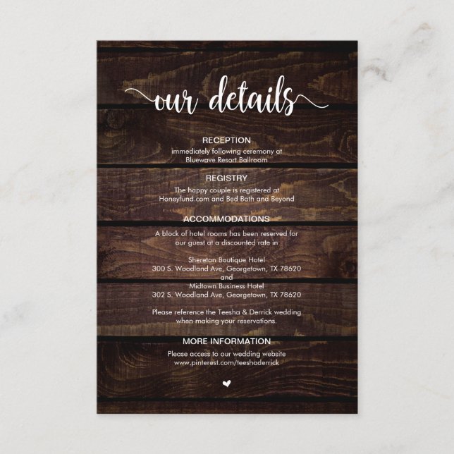 Rustic Farm Wood, White Script, Wedding Details Enclosure Card (Front)
