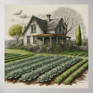 Rustic Farmhouse Amidst Lush Green Fields Poster