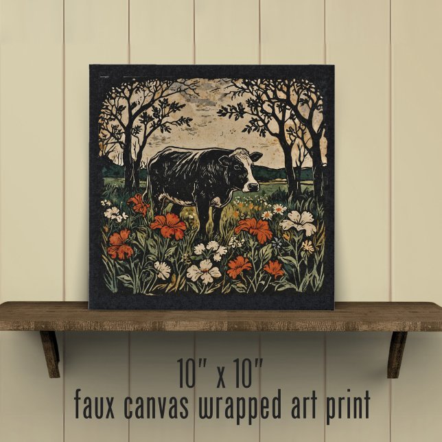 Rustic Farmhouse Art Nouveau Floral Cow  Faux Canvas Print (Creator Uploaded)