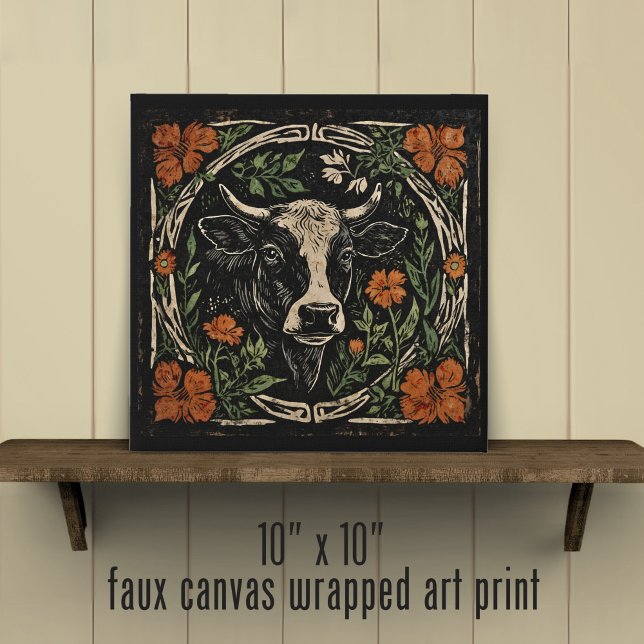 Rustic Farmhouse Art Nouveau Floral Cow Portrait  Faux Canvas Print (Creator Uploaded)