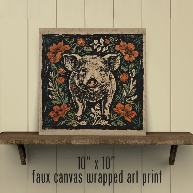 Rustic Farmhouse Art Nouveau Floral Pig  Faux Canvas Print (Creator Uploaded)