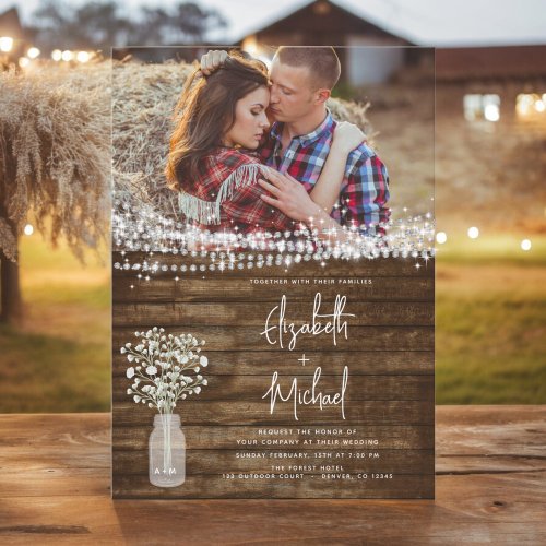 Rustic Farmhouse Babys Breath Jar Wedding Invitation