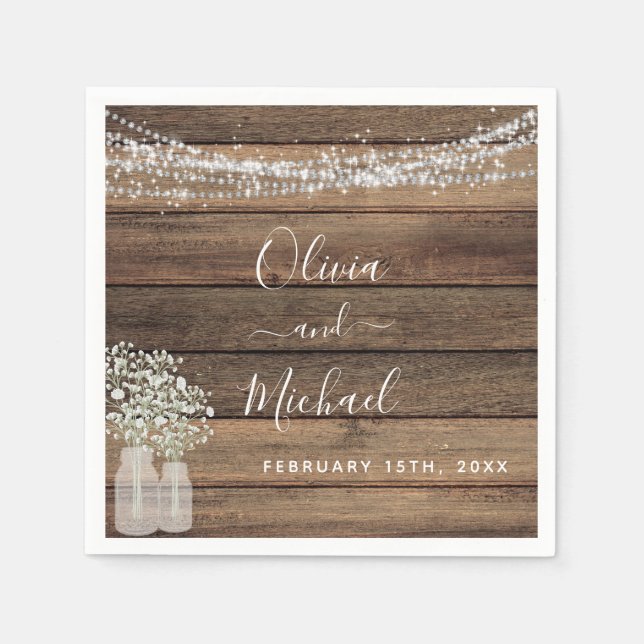 Rustic Farmhouse Baby's Breath Jar Wedding Napkins (Front)