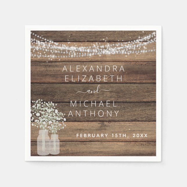 Rustic Farmhouse Baby's Breath Jar Wedding Napkins (Front)