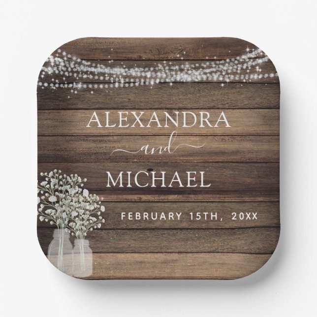 Rustic Farmhouse Baby's Breath Jar Wedding  Paper Plates (Front)