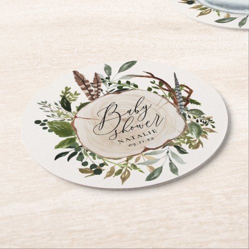 Rustic farmhouse barn botanical baby shower chic round paper coaster