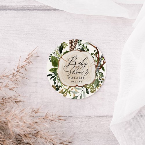 Rustic farmhouse barn botanical baby shower classic round sticker