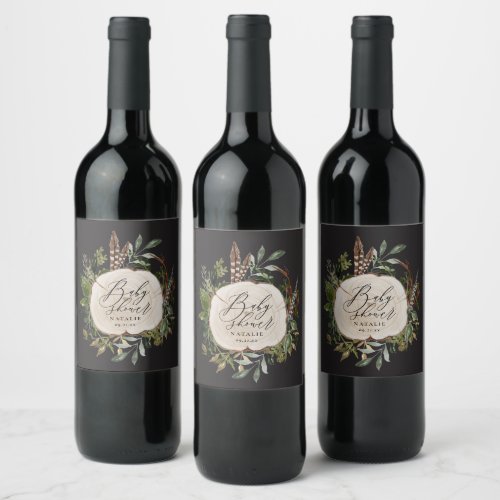 Rustic farmhouse barn botanical baby shower wine l wine label