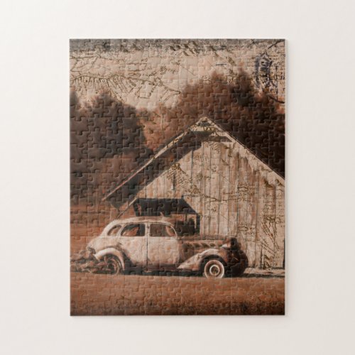Rustic Farmhouse Barn Vintage Car Jigsaw Puzzle