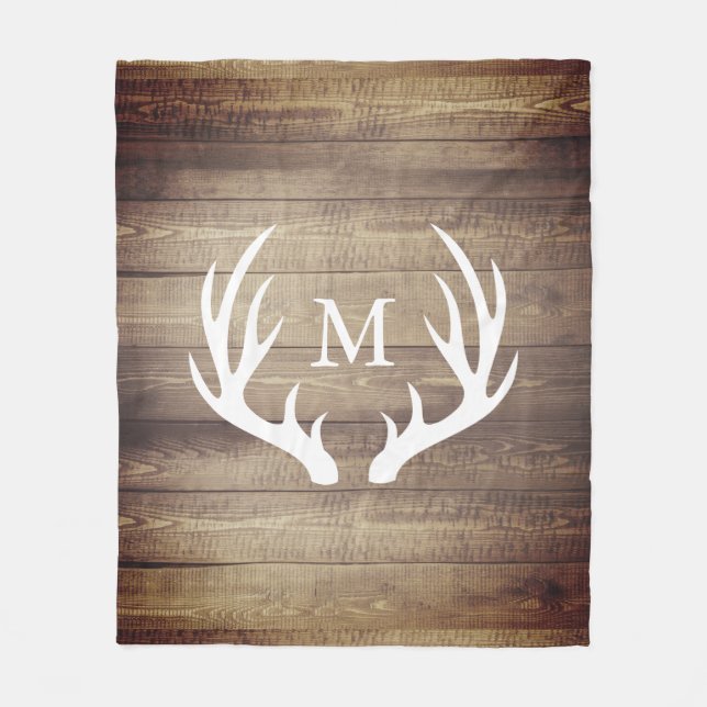 Rustic Farmhouse Barn Wood Deer Antlers Fleece Blanket (Front)