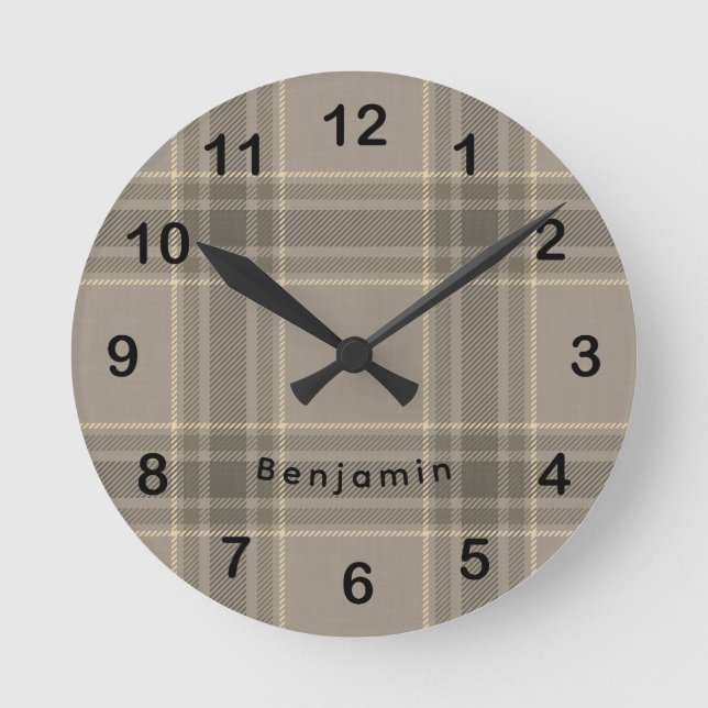 Rustic Farmhouse Beige Grey Plaid Tartan Round Clock (Front)