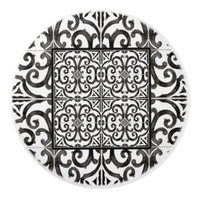 Rustic Farmhouse Black and White Scrollwork Tile Ceramic Knob (Front)