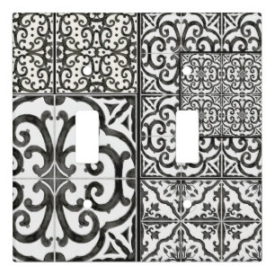 Rustic Farmhouse Black and White  Tile Scrollwork Light Switch Cover