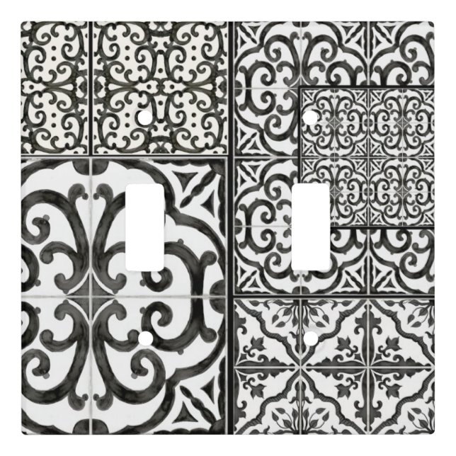 Rustic Farmhouse Black and White  Tile Scrollwork Light Switch Cover (Front)