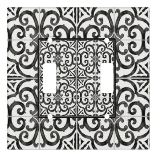 Rustic Farmhouse Black and White  Tile Scrollwork  Light Switch Cover