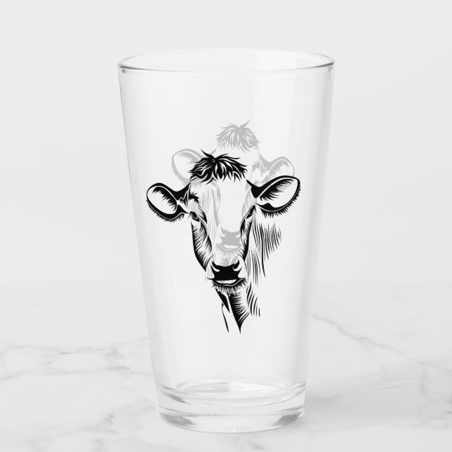 Rustic Farmhouse Black Dairy Cow Illustration Glass (Front)