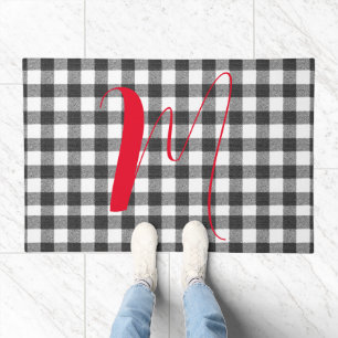 Rustic Farmhouse Black Gingham Plaid Monogrammed Doormat
