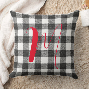 Rustic Farmhouse Black Gingham Plaid Monogrammed Throw Pillow