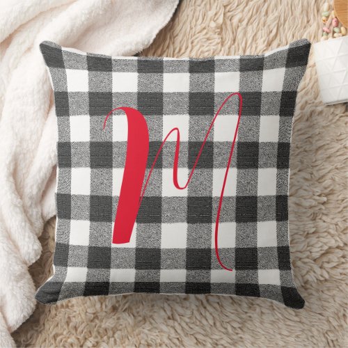 Rustic Farmhouse Black Gingham Plaid Monogrammed Throw Pillow