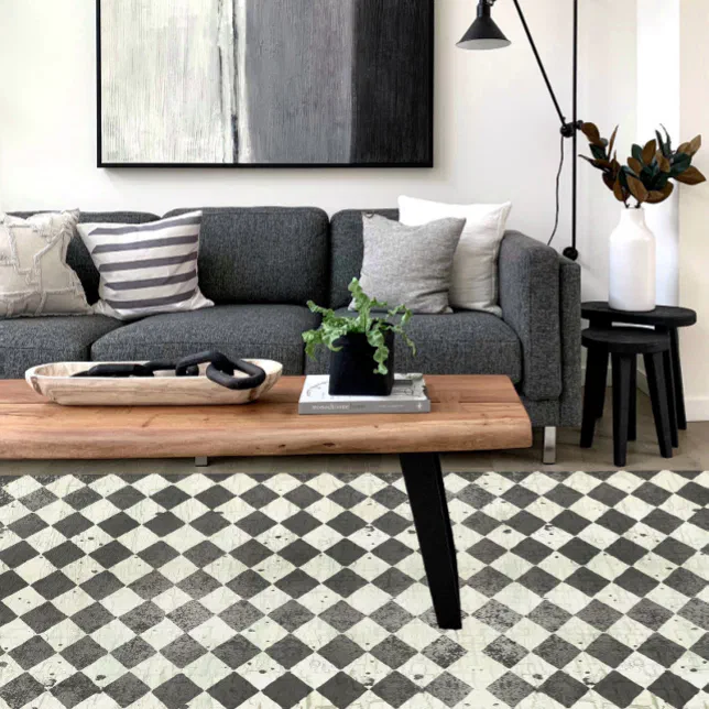 Rustic Farmhouse Black n White Harlequin Wooden Rug | Zazzle