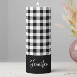 Rustic Farmhouse Black White Buffalo Plaid Name Pillar Candle