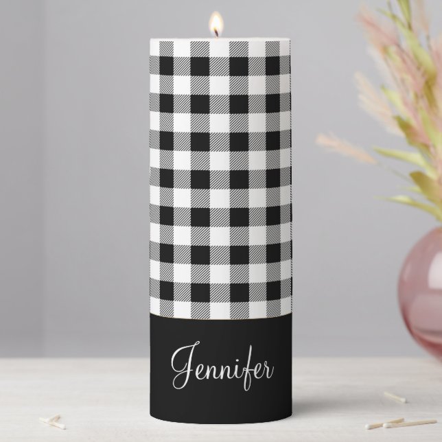 Rustic Farmhouse Black White Buffalo Plaid Name Pillar Candle (In Situ)