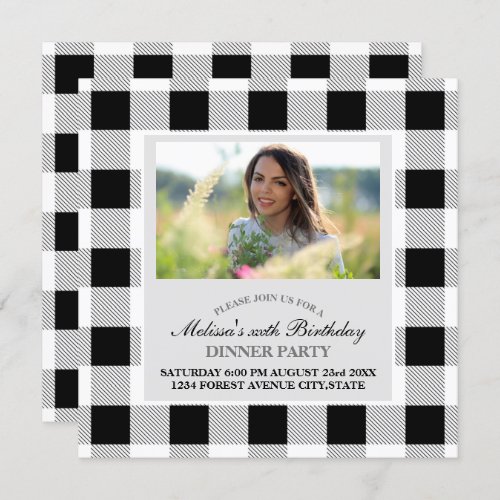 rustic farmhouse black white buffalo plaid party invitation