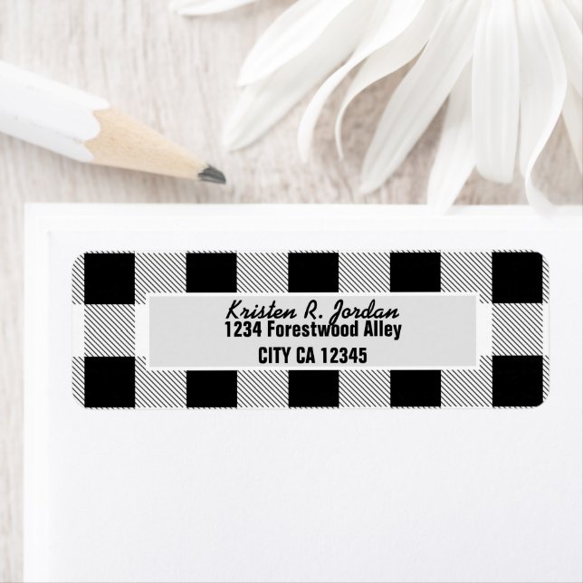 rustic farmhouse black white buffalo plaid party label (Insitu)