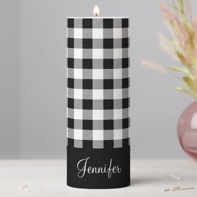Rustic Farmhouse Black & White Custom Name Pillar Candle (In Situ)