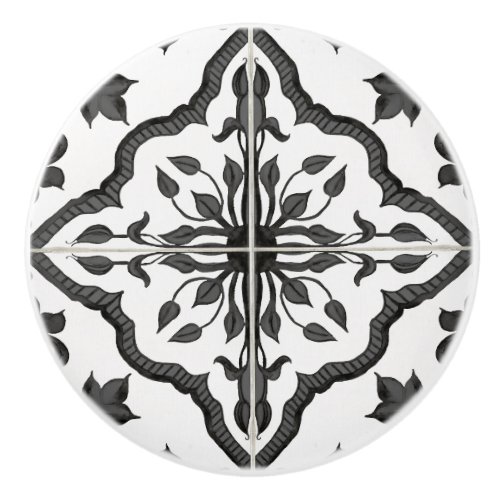 Rustic Farmhouse Black White Foliage Tile Pattern Ceramic Knob