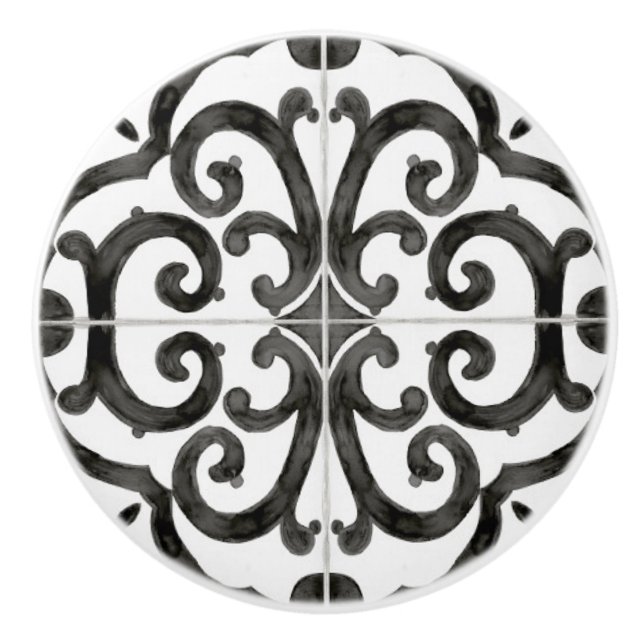 Rustic Farmhouse Black White Tile Pattern Decor Ceramic Knob (Front)