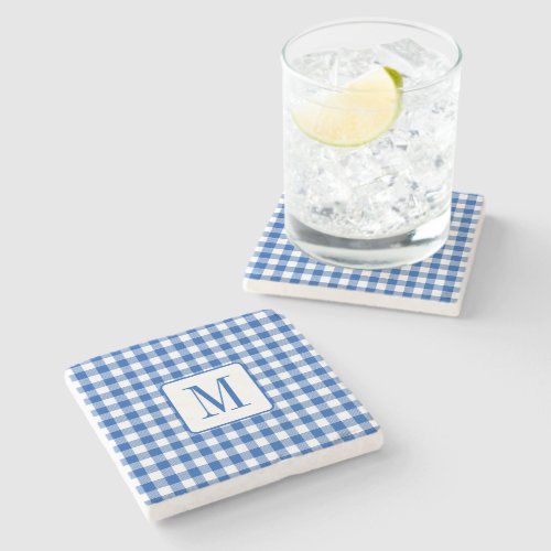 Rustic Farmhouse Blue and White Gingham Monogram Stone Coaster