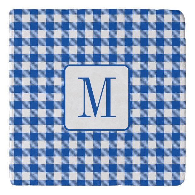 Rustic Farmhouse Blue and White Gingham Monogram Trivet (Front)