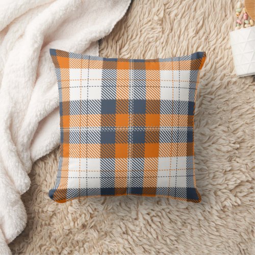 Rustic Farmhouse Blue Orange Plaid Autumn Fall  Throw Pillow