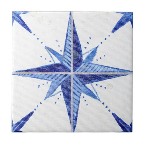 Rustic Farmhouse Blue White Star Chic Pattern Ceramic Tile