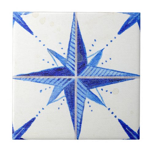 Rustic Farmhouse Blue White Star Pattern Chic Ceramic Tile