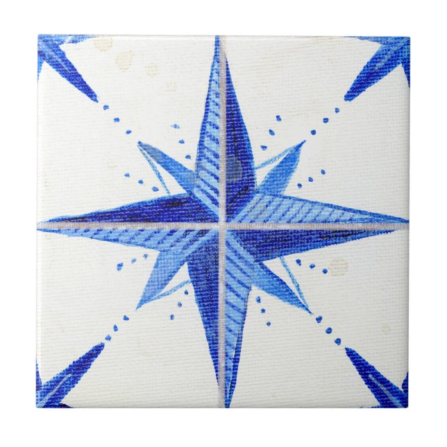Rustic Farmhouse Blue White Star Pattern Chic Ceramic Tile (Front)
