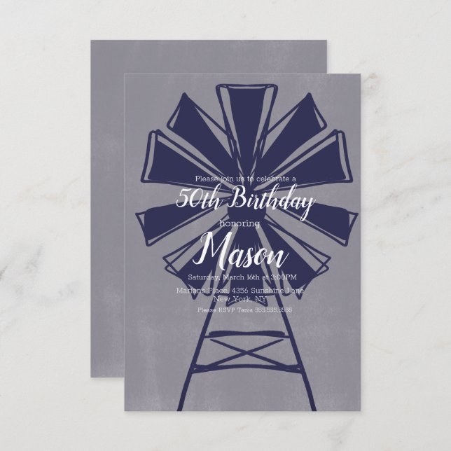 Rustic Farmhouse Blue Windmill 50th Birthday Invitation (Front/Back)