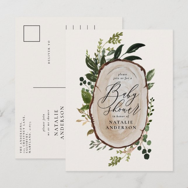 Rustic farmhouse botanical script baby shower announcement postcard (Front/Back)