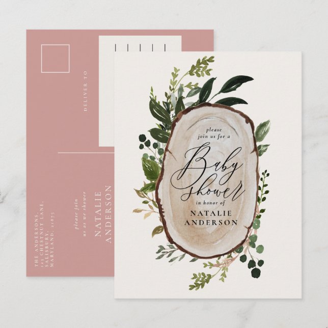 Rustic farmhouse botanical script baby shower announcement postcard (Front/Back)