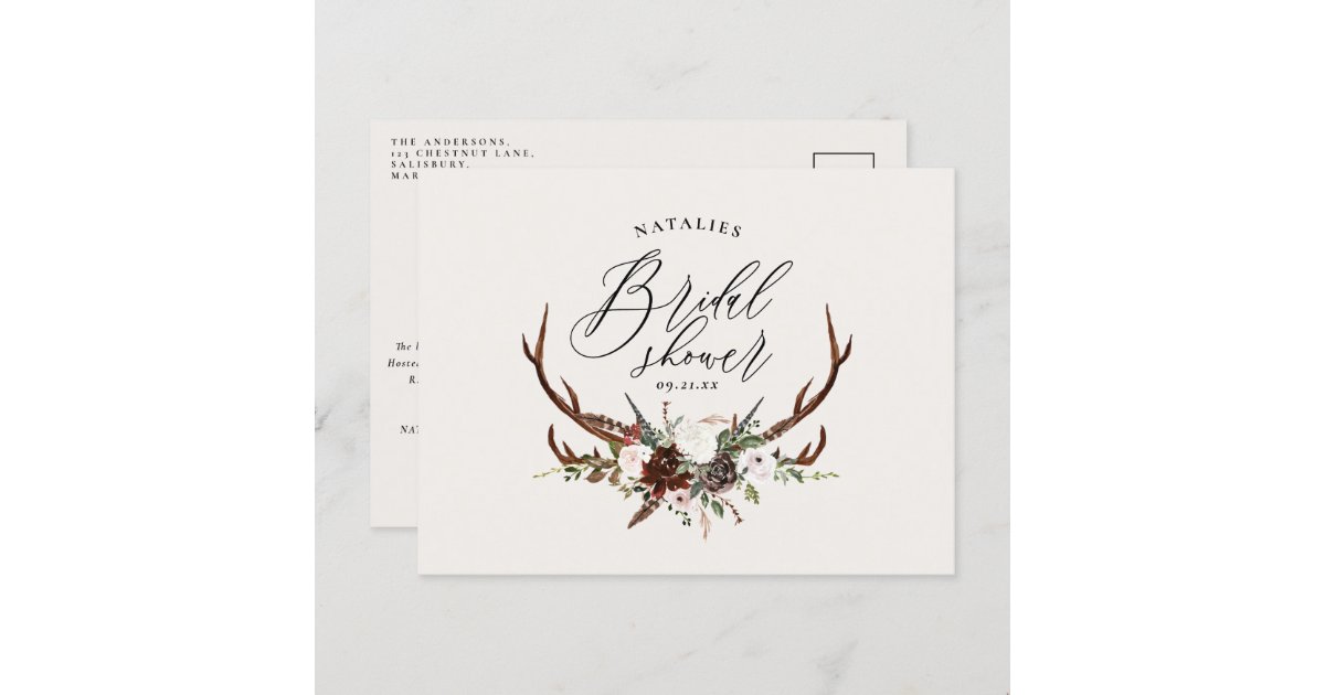 Rustic farmhouse botanical script bridal shower announcement postcard ...