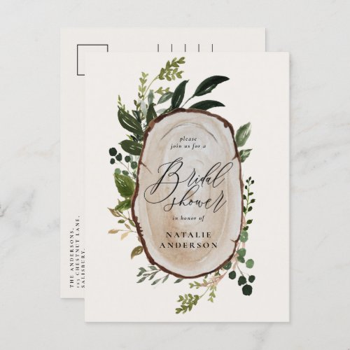 Rustic farmhouse botanical script bridal shower announcement postcard