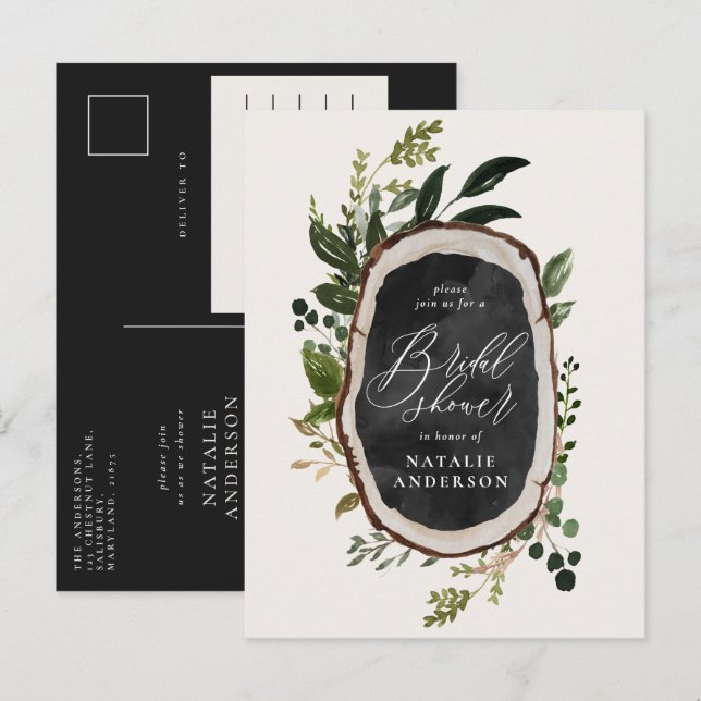 Rustic farmhouse botanical script bridal shower announcement postcard (Front/Back)