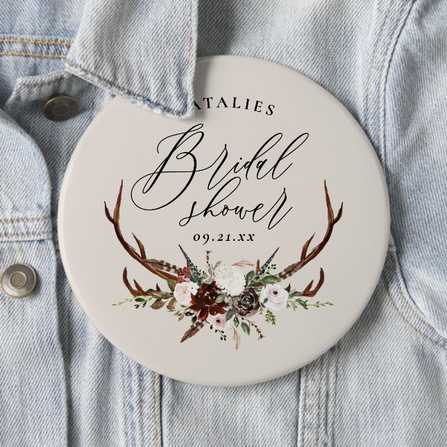 Rustic farmhouse botanical script bridal shower bu button (In Situ)
