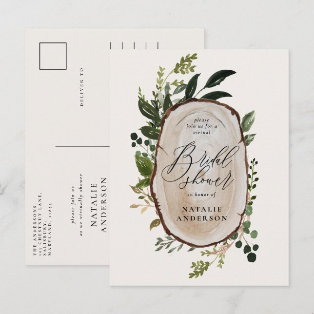 Rustic farmhouse botanical virtual bridal shower announcement postcard (Front/Back)