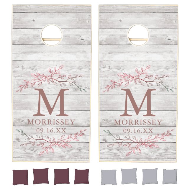 Rustic Farmhouse Branch Leaves Monogram Wedding Cornhole Set (Set)