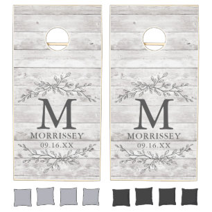 Rustic Farmhouse Branch Leaves Monogram Wedding Cornhole Set